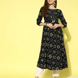 all about you Women Black & Yellow Printed Thread Work Tiering Liva Anarkali Kurta-23