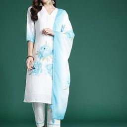 Indo Era Floral Printed Sequinned Linen Kurta with Trousers & With Dupatta image 4