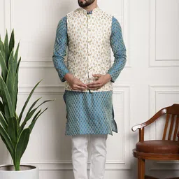 SOJANYA Striped Woven Design Mandarin Collar Kurta With Pyjamas & Nehru Jacket-53