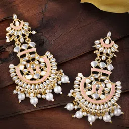 Peora Pink & Gold-Toned Classic Stone Studded & Beaded Chandbalis Earrings-image-55