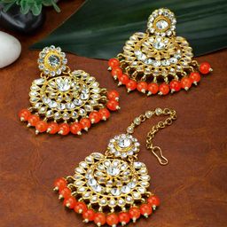Peora Women Orange Traditional 18K Gold-Plated Earrings & Maang Tika-image-36