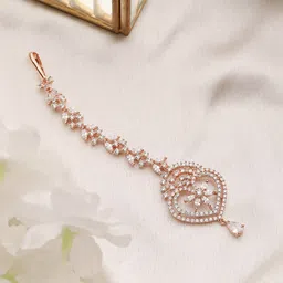 Saraf RS Jewellery Rose Gold-Plated White AD & CZ-Studded Heart-Shaped Maang Tikka-16