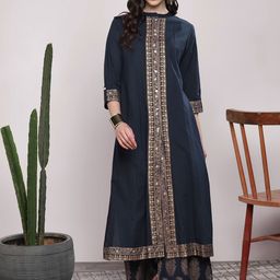 Sangria Women Navy Blue & Gold-Coloured Printed Kurta with Palazzos-13