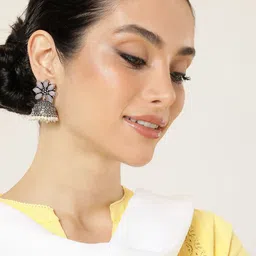 AITIHYA Floral Oxidised Ethnic Stones Dome Shaped Jhumkas Earrings-picture-12