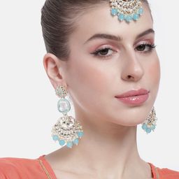 Peora Women Gold-Plated Kundan Studded & Beaded Earrings & Maangtikka Set-15