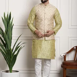 SOJANYA Men Lime Green Ethnic Motifs Printed Kurta with Pyjamas & Nehru Jacket image 5