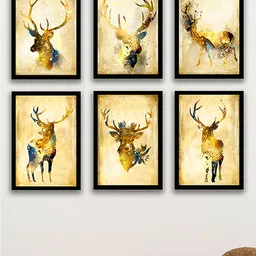 Art Street Black & Gold-Toned Set Of 6 Deer Painted Framed Wall Art-49