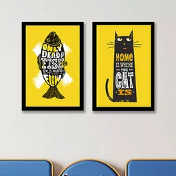 Art Street Black & Yellow Set Of 2 Cat Fish Painted Framed Wall Art-22