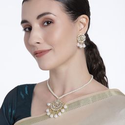 I Jewels Gold Plated Kundan & Pearl Studded & Beaded Moti Mala Necklace Jewellery Set-21