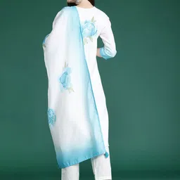 Indo Era Floral Printed Sequinned Linen Kurta with Trousers & With Dupatta image 2