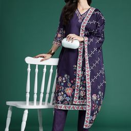 Indo Era Floral Printed Thread Work Kurta With Trousers & Dupatta-picture-16