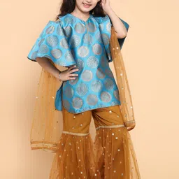 ADIVA Girls Turquoise Blue & Beige Printed Kurta with Sharara & Dupatta-image-41