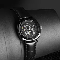 French Connection Men Black Printed Dial & Black Leather Straps Analogue Automatic Motion Powered Watch-image-9