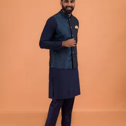 KISAH Men Embellished Regular Fit Geometric Pattern Kurta Jacket Trouser Set image 4