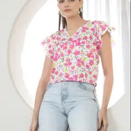 Shein Casual Floral Pattern Fuchsia Cap Short Sleeves Top-image-4
