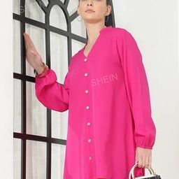 Shein Casual Mini Length Peasant Sleeves Fuchsia Flared Shirt Dress-0