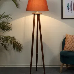 tu casa Brown Cotton and Acrylic Shade Tripod Floor Lamp With Mango wood Base-picture-18