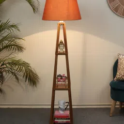 tu casa Dark Brown Cotton and Acrylic Shade Shelf Floor Lamp With Mango wood Base-picture-15