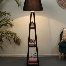 tu casa Lyon Black Cotton and Acrylic Shade Shelf Floor Lamp With Mango wood Base-picture-3