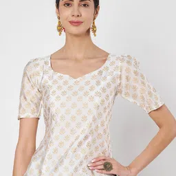 studio rasa Ethnic Motifs Printed Sweetheart Neck Puff Sleeve Sheen Ethnic Top-87