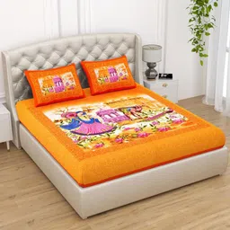 Aura Orange Colored Ethnic Printed Pure Cotton 120 TC Queen Bedsheet Set 2.35 x 2.15m-image-80