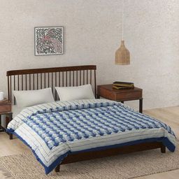 Fabindia Anaisha Blue & White Floral Printed 233 GSM AC Room Pure Cotton Double Bed Quilt-image-98