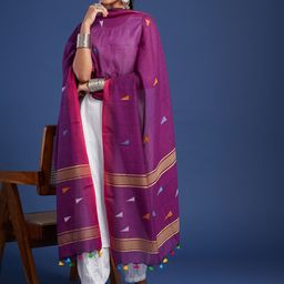 Taavi Woven Pure Cotton Jamdani Dupatta With Pom Pom Edgings-image-79