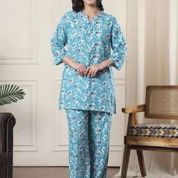 Indreams Women Printed Pure Cotton Kurti & Pyjamas Night suit-image-9