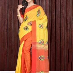 Crochetin Floral Embroidered Woven Design Border Saree with Blouse Piece-picture-10