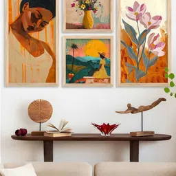 WALLLANE Brown 4 Piece Wood Abstract Wall Paintings-14
