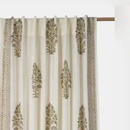 Fabindia Jarul Beige & Green Floral Design Hand Block Printed Cotton Window Curtain-18