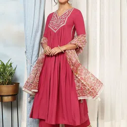 KIMAYRA Floral Embroidered Pleated Thread Work Kurta with Palazzo & Dupatta-picture-12