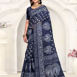 Fevinaa Floral Linen Blend Block Print Saree-22