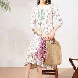 Mustard Women Floral Printed A-Line Midi Dress-image-90