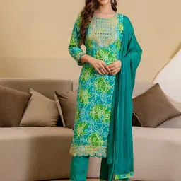 SKYLEE Bandhani Printed Round Neck Mirror Work Straight Kurta With Trousers & Dupatta-15