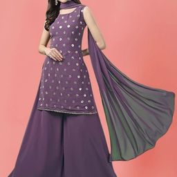 PARROT CREATION Geometric Embroidered Sequinned Georgette Kurti with Sharara And Dupatta-image-40