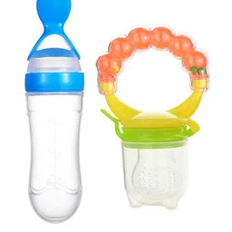 Joy Buzz Kids Set Of 2 Baby Squeezy Bottle & Rattle Fruit Nibbler Food Feeder - Yellow-76
