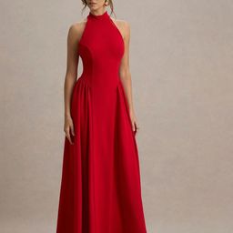 TRAQUILA Halter Neck Fit & Flare Maxi Dress-image-37