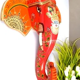 apka mart Red & Orange-Colored Elephant Head Printed Wooden Wall Hanging-34