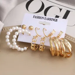 Celestria Set Of 6 Artificial Beaded Circular Shaped Half Hoop Earrings-10
