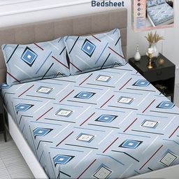 FABINALIV Blue & White Geometric 300 TC King Bedsheet with 2 Pillow Covers-image-98