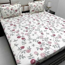 Pure Decor White & Pink Floral 350 TC Queen Bedsheet with 2 Pillow Covers-picture-13