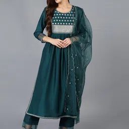 KALINI Floral Embroidered Pleated Sequinned Straight Kurta with Trousers & Dupatta-picture-34