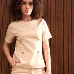 SASSAFRAS Beige Button Down Darted Cotton Top-image-59