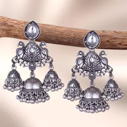 Sangria Silver-Plated Kundan-Studded & Beaded Oxidised Dome Shaped Jhumkas-image-90