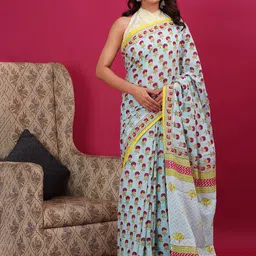 Vanedik Ethnic Motifs Printed Mulmul Cotton Block Print Saree image 2
