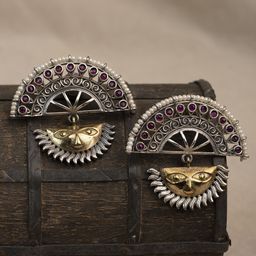XPNSV Silver-Plated Stone Studded & Beaded Dual Tone Surya Drop Earrings-50