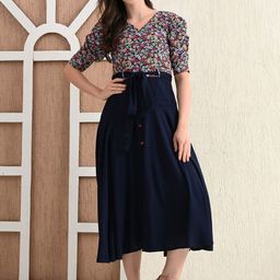 SHINISHA Women Floral Printed Puff Sleeve Fit & Flare Midi Dress-picture-36