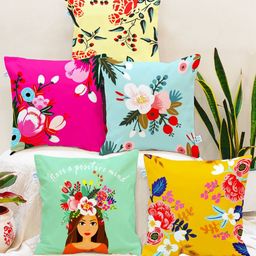 STITCHNEST Yellow & Pink Set of 5 Floral Square Cushion Covers-14