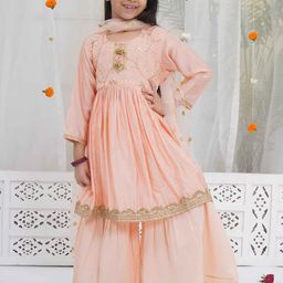 Little Bansi Girls Ethnic Motifs Printed Pure Cotton Kurta with Sharara & Dupatta-picture-33